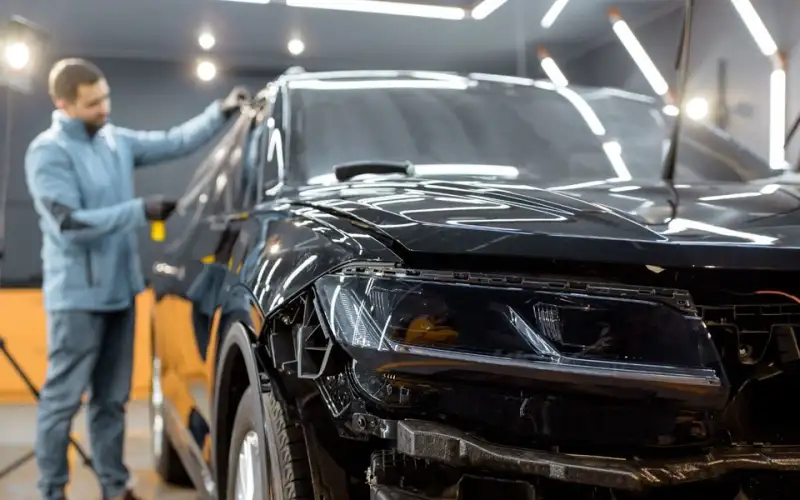 Man inspecting a black car with a damaged front end in a studio
