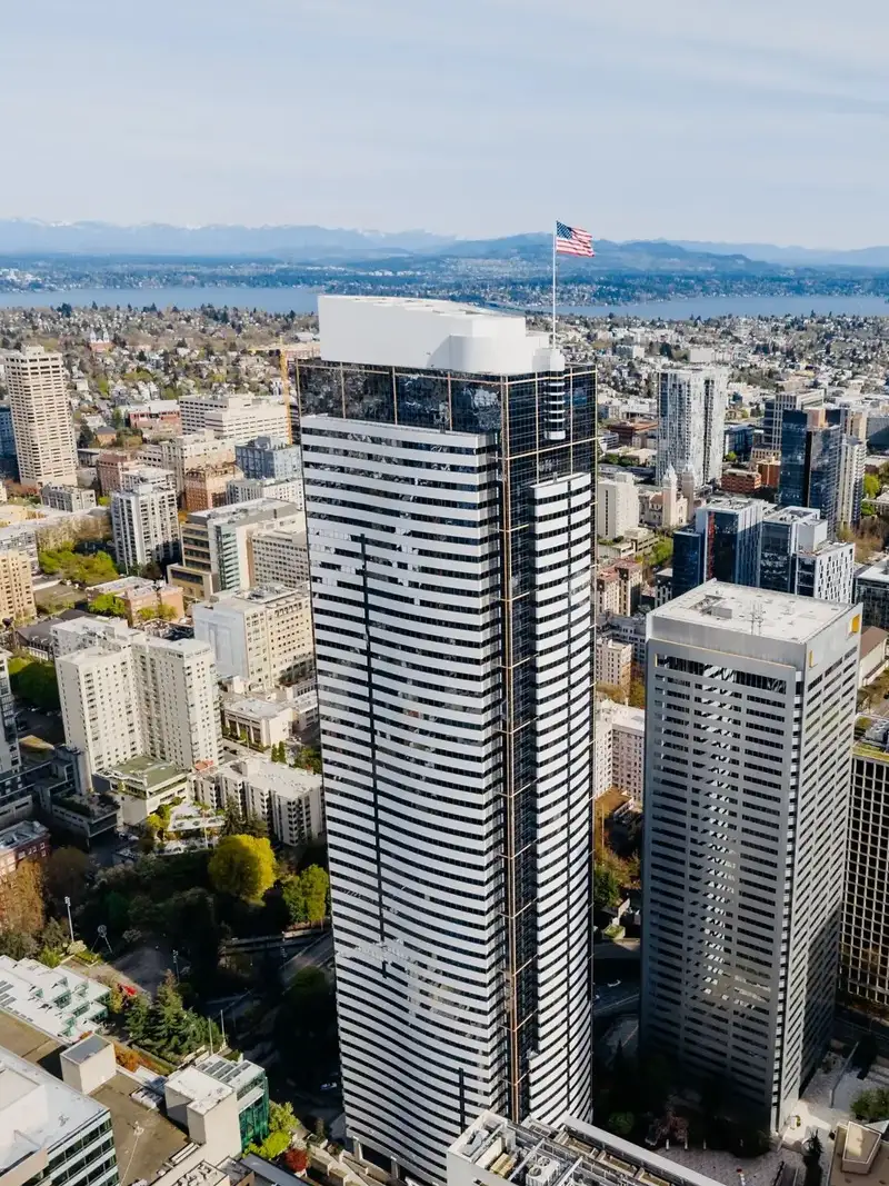 Aerial view of downtown Seattle with the tower at 600 University St, home of our Union Square shop