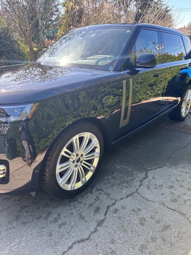 Trees and sky reflected in the glossy black paint of a Range Rover after an Eco Car Cafe exterior detail