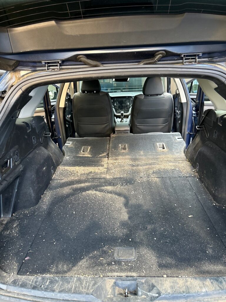 Before: Subaru Outback cargo area covered in dirt and debris